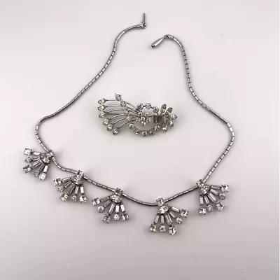 Vintage Krementz Necklace And Brooch Pendant Set Silver And Rhinestone Diamonds • $49