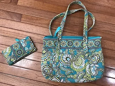 Vera Bradley Green Teal White Handbag Shoulder Tote  Bag And Wallet 2 Piece (P1) • $11.95