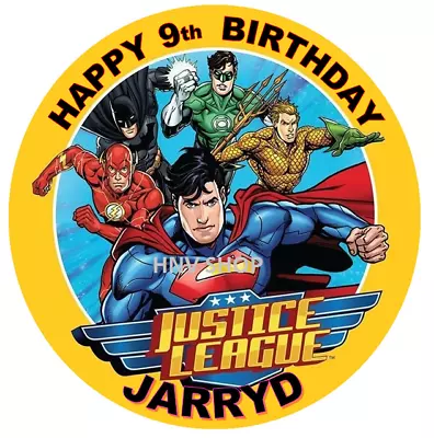 JUSTICE LEAGUE Personalised Edible Icing  ROUND Cake Topper Decoration Image • $11.99