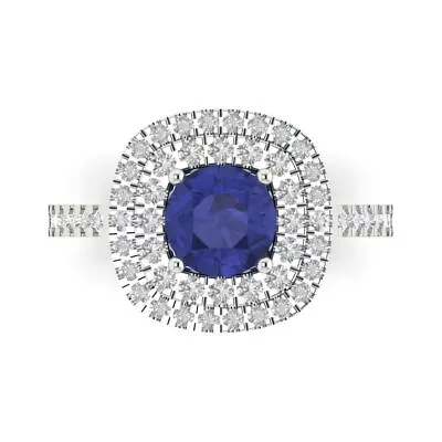 1.75Ct Round Simulated Tanzanite White Gold Halo Solitaire With Accents Ring • £295.22