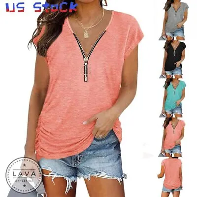 $12.27 • Buy Womens V-Neck T Shirt Loose Zipper Casual Blouse Long Sleeve Summer Tunic Tops