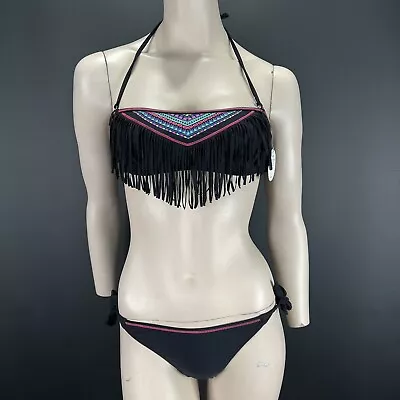 Rae Bikini Set 10 Womens Black Halterneck Strap Fringe Tassels Tie Side Holiday • £8.95