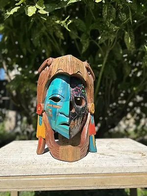 Hand Carved Mayan Wood Mask Warrior Pyramid Artwork Jaguar Snake Mexico Cedar  • $225