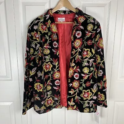 3 Sisters XL Blazer Jacket Velvet Embroidered Floral Black Boho Cottagecore • £38.56