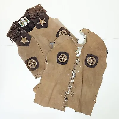 Vintage 1970s Childs PONY RANCH Brown Suede Leather Kid Size Western Vest Chaps • $38