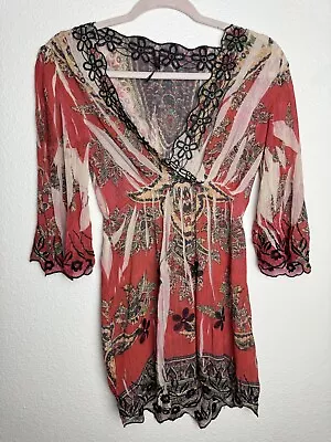 MUSHKA Sienna Rose Tunic Top Blouse Stretch Medium Red Orange Boho Indian • $15