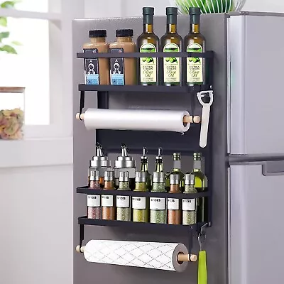 Magnetic Fridge Organizer Spice Rack With Paper Towel Holder And 5 Extra Hooks | • $32