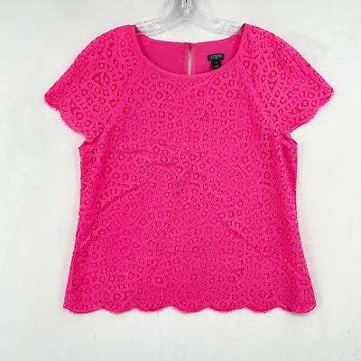 J CREW Lace Top Womens Size 6 Pink Scallop Short Sleeve Raglan Keyhole Blouse • $10.49