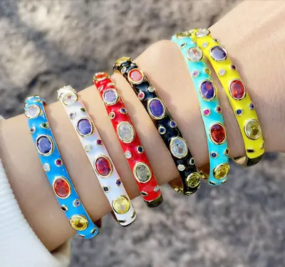 Bollywood Cuff Bracelets Neon Enamel Geometric Zircon Open Bangle Women Jewelry • $15.19