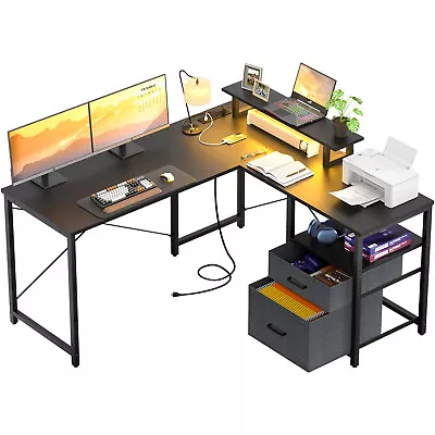 L Shaped 53  Home Office Computer Desk With Drawers Gaming Desk With LED Light • $119.99