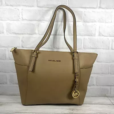 Michael Kors Jet Set Travel Tan Leather Top Zip Shoulder Tote Bag Tablet Pocket • $94.99