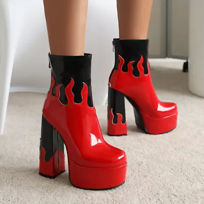 Womens Gothic Printed Block High Heels Patent Leather Platform Ankle Boots Shoes • $73.91
