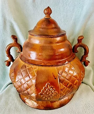 Vintage 12” Large Ornate Metal Urn Vase Jar W/Lid Reddish Brown • $28.95