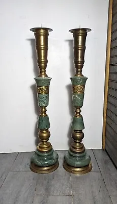 Vintage Pair Of Asian Moroccan Brass & Green Marble Altar Candlestick Holders • $450