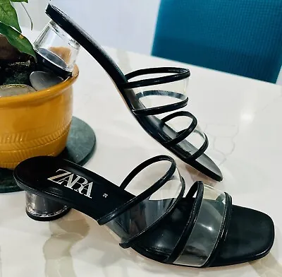 ZARA  Transparent Black Leather Slides Vinyl Straps Clear Heel Woman Sandals 38 • $26.49