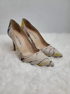 Manolo Blahnik Womens Heel Shoes Size 7 US 37.5 EUR Painted Beige Fabric  Pumps  • $195