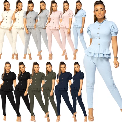 £19.99 • Buy Womens Short Sleeve Loungewear Suit 2Pc Frill Peplum Rib Fine Knit Tracksuit Set