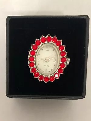 Vintage Stretch Watch Ring Red Crystals Quartz Silver Tone • $11