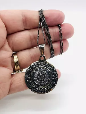 Sterling Silver Mexico Mayan Calendar Pendant Necklace 16gm Vintage Jewelry • $78.50