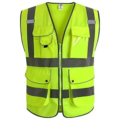 £20.87 • Buy 9Pockets Class 2High Visibility Zipper Front Safety Vest Waistcoat Yellow Work