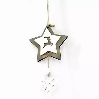 30cm Hanging Wooden Star With Cut Out Reindeer Natural Christmas Decoration Xmas • £2.15