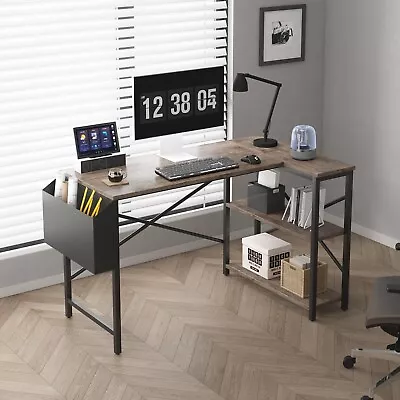 L Shaped Corner Desk W/Bookshelf Reversible Corner Desk For Home Office Study • £54.99