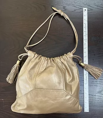 VINTAGE 1980'S JEFFREY Gold METALLIC Soft LEATHER Fringe GLAM MOTO Shoulder BAG • $18.99