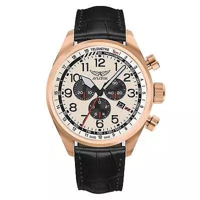 Aviator Black Leather Ivory Dial Chronograph Swiss Made  Men's Watch - V22521734 • $959