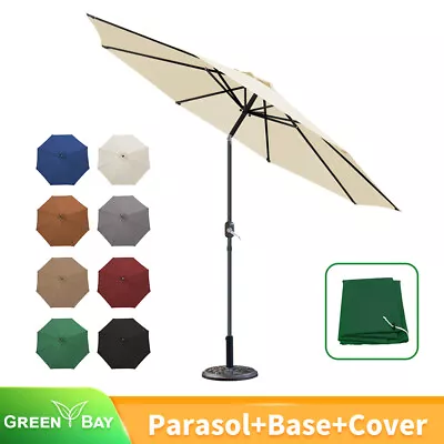 3m Garden Parasol Patio Umbrella Sun Shade Canopy Crank Tilt With Base Cover • £75.95