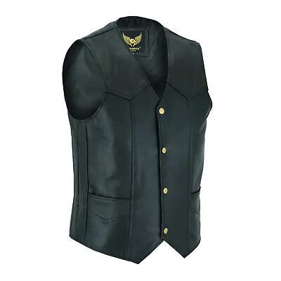 Men's Genuine Classic Black Real Leather Plain Waistcoat Motorcycle Biker Vest • £24.99