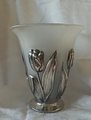 Vintage Art Deco Tulips Silver Overlaid Satin Glass Vase • $45