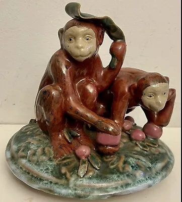 Figural Monkey Lid Majolica Chinoiserie Ceramic Holding Fruit Tobacco Leaf Vtg • $119.99