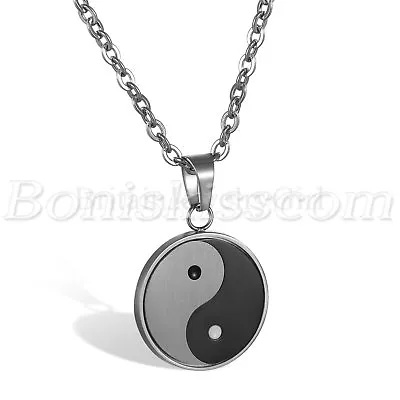 Men's Black Silver Stainless Steel Yin Yang Taiji Bagua Pendant Necklace Chain • $8.99