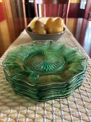 6 Vintage Green Depression Glass Uranium Glass  Salad/Lunch/Dessert Plates 8” • $50