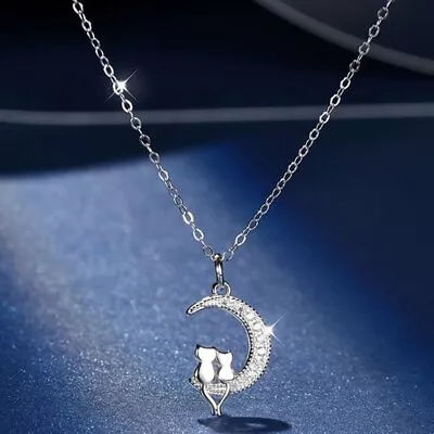 925 Silver Plated Cute Cat Moon Pendant Necklace Clavicle Chain Women Jewelry • $1.73