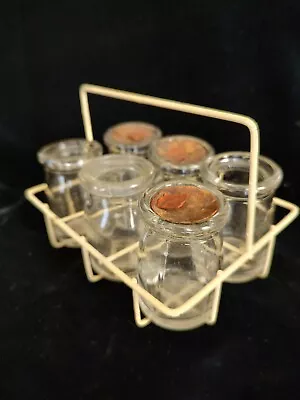 6 Vintage Glass Individual Restaurant Mini Creamers In Carrier Caddy • $29.99