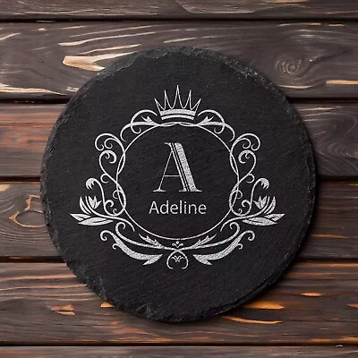 Personalized 4  Round Slate Coaster With Laser Engraved Floral Monogram • $10.50