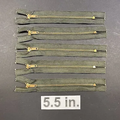 Serval Military 5.5 Inch Green Brass Zippers 5 Pc Lot Cotton USA 1950s Vintage • $20