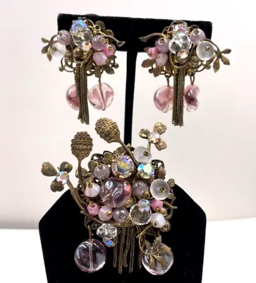 Miriam Haskell Fab Set Poured Glass Handwired Brooch Earrings Ab Crystals Tassel • $399.99