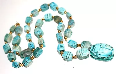  Lot#494 Vintage Great Glazed Porcelain Egyptian Mummy Scarab Beads Necklace • $9