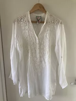 Johnny Was-small-white Embroidered Broderie  Boho White V Neck Tunic Blouse Top • $100