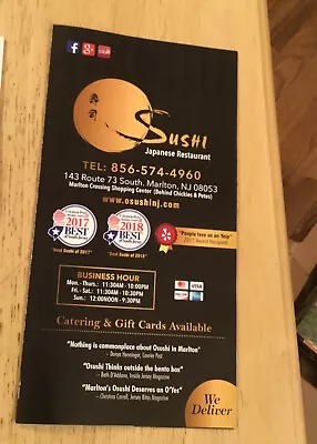 O Sushi Osushi Japanese Restaurant Menu Marlton New Jersey Ephemera Bento Box NJ • $9.99