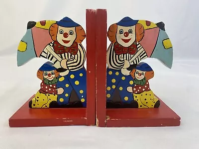 NAMCO Clown Wood Book Ends Vintage Reading Nancy Sales Old Fast Ship • $24.95