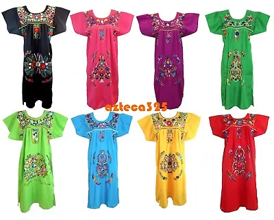 ANY COLOR Mexican Puebla Dress Embroidered FLORAL Fiesta Dress S M L XL 2X 3X • $39.99