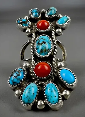 HUGE Vintage Navajo Sterling Silver Kingman Turquoise & Coral Cluster Ring • $189