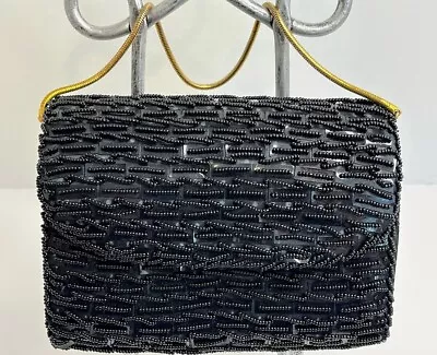 EXQUISITE WALBORG Vintage Black Beaded Purse With Gold Tone Strap And Hard Sides • $17.99