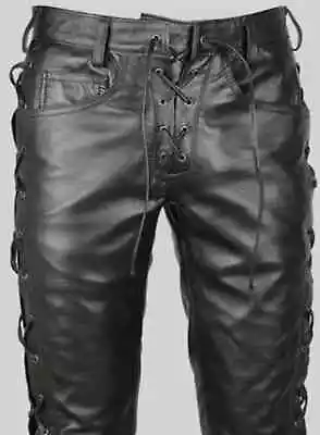 Men's Real Leather Pant Genuine Cowhide Black Real Leather Laces Biker Trousers • £79.99