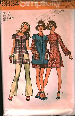 9834 Vintage Simplicity SEWING Pattern Misses 1970s Mini Dress Smock Top Pants • $5.59