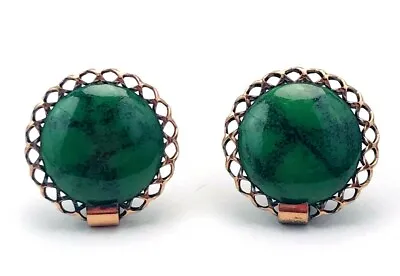 Vintage Signed Matisse Green Black Ceramic Clip On Copper Button Earrings   • $44