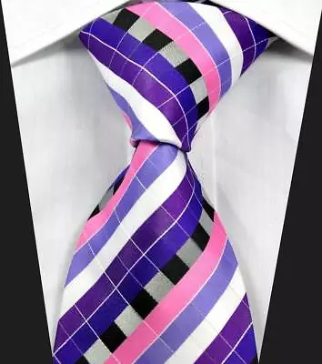 Hot Classic Checks Purple White Pink JACQUARD WOVEN 100% Silk Men's Tie Necktie • $9.99
